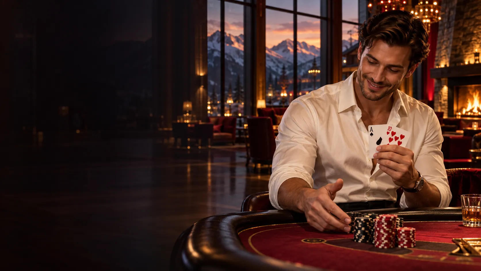 Man smiling over two cards at a blackjack table in a Here2Win Casino lodge with mountains and a fireplace behind