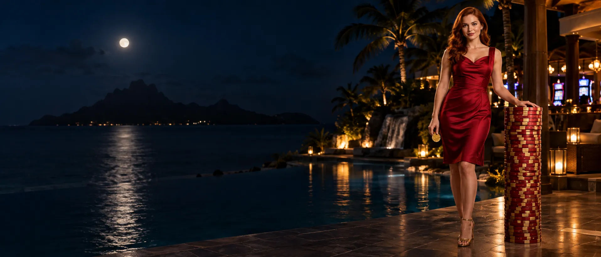 Woman in a red dress beside a tall stack of chips by a moonlit resort pool, a Here2Win Casino scene