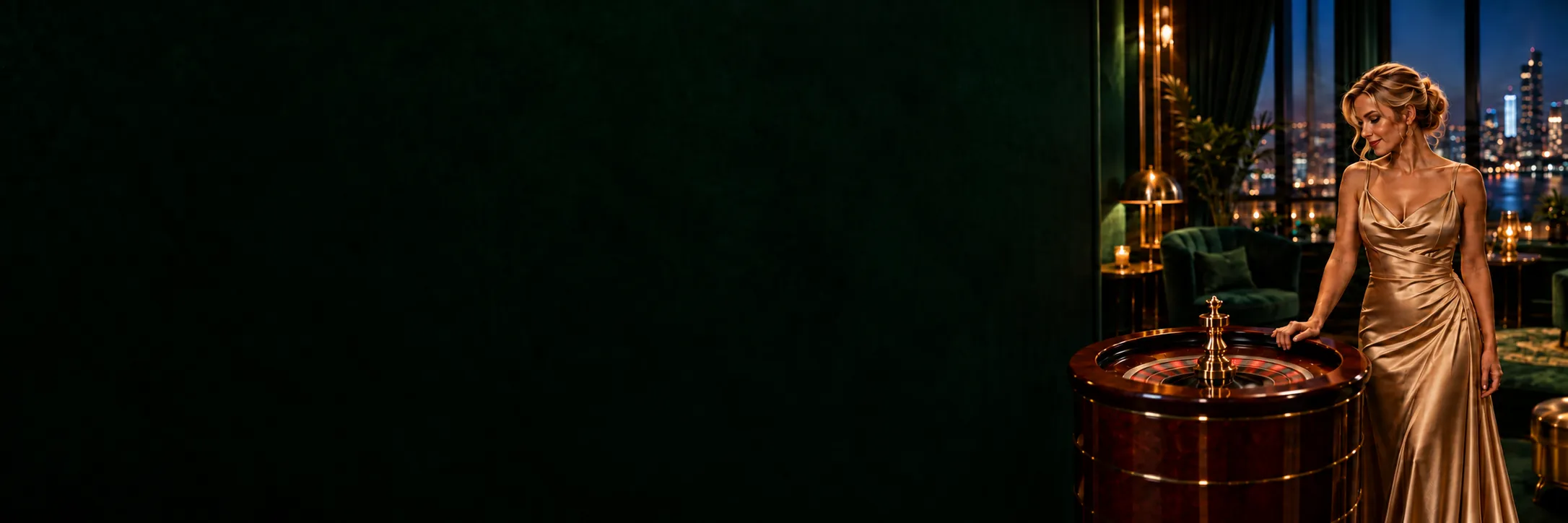 Woman in a gold satin gown beside a roulette wheel in a green Here2Win Casino lounge at night