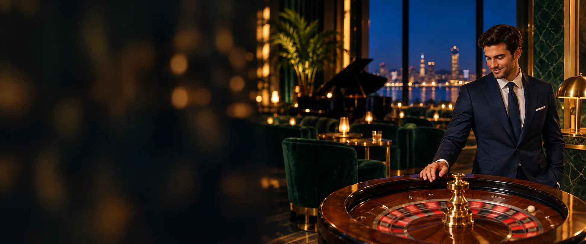 Man in a navy suit resting a hand on a roulette wheel in a Here2Win Casino lounge above a night skyline