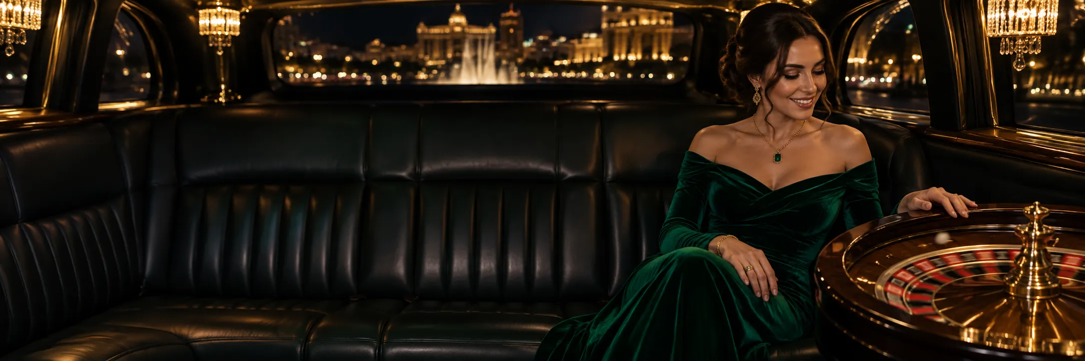 Woman in a green velvet gown on a limousine seat beside a roulette wheel, a Here2Win Casino scene