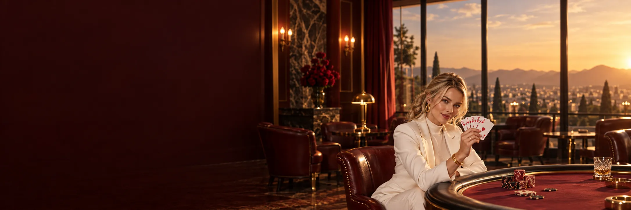 Woman in a white blazer fanning cards at a red poker table in a Here2Win Casino lounge at sunset
