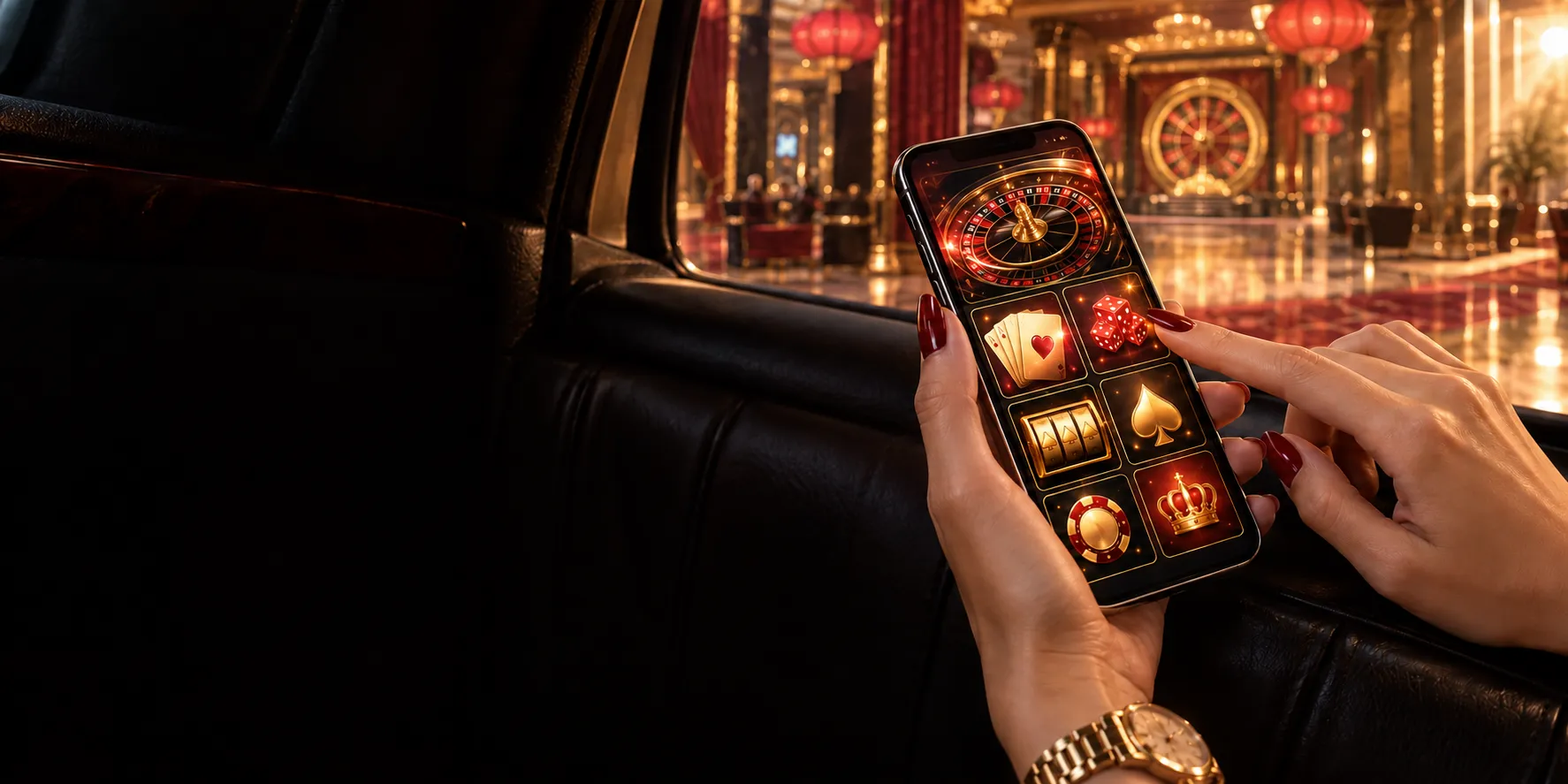 Phone showing the Here2Win Casino lobby with roulette, card, pokie and dice tiles, held in the back of a car