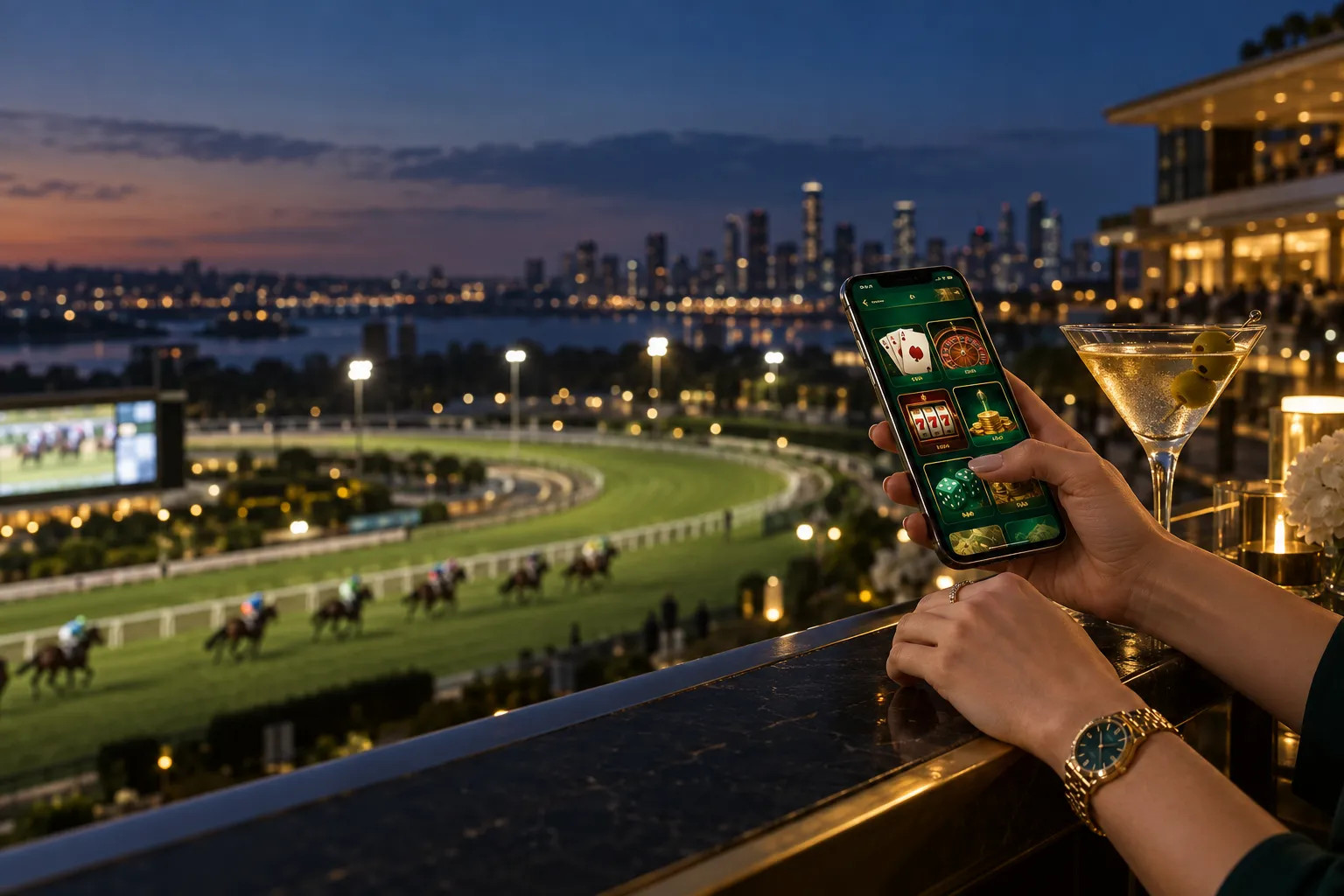 Here2Win Casino app lobby on a phone held over a floodlit racecourse at dusk